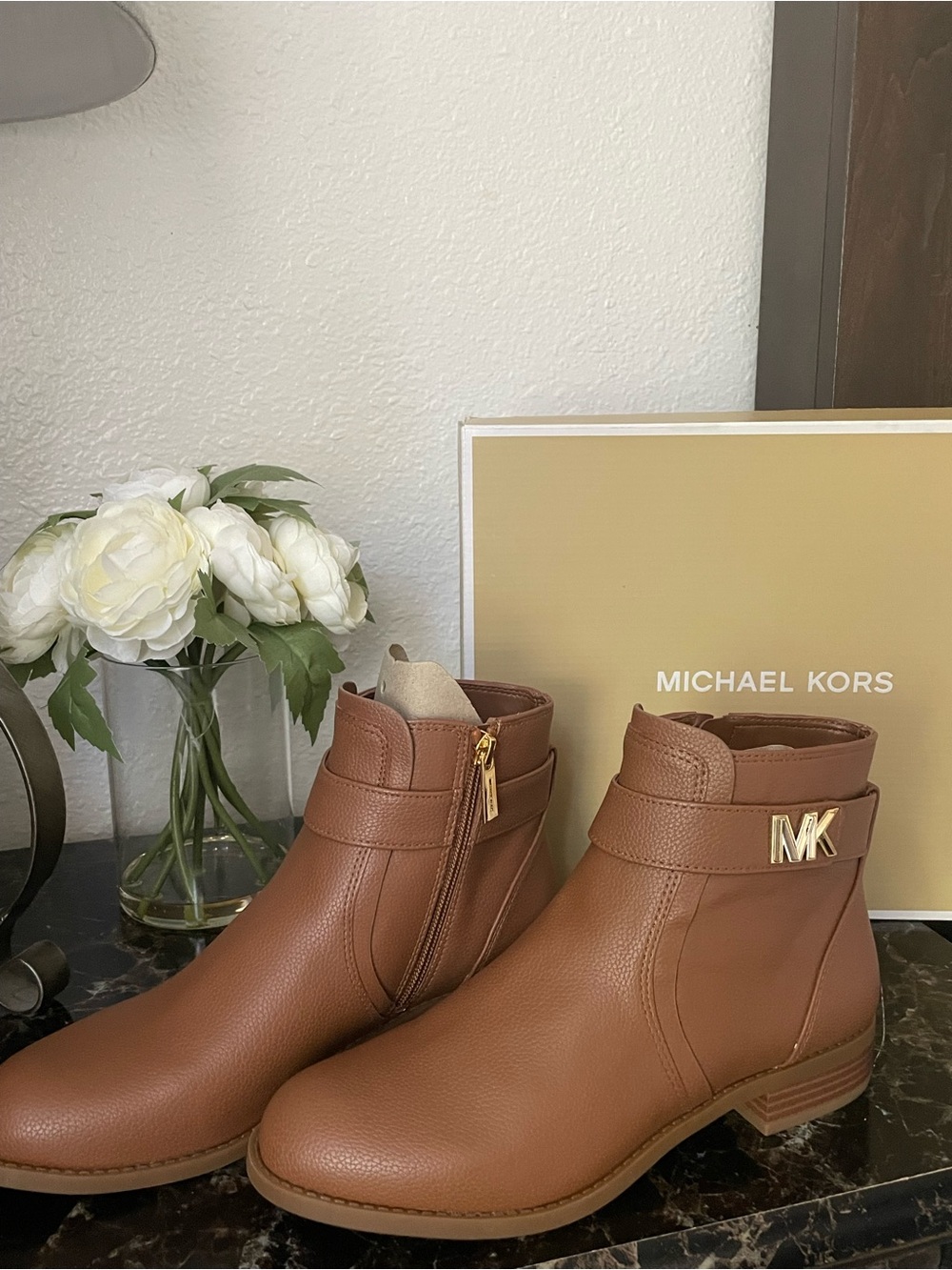 Michael Kors Cognac Leather Ankle Boots with Gold MK Accent